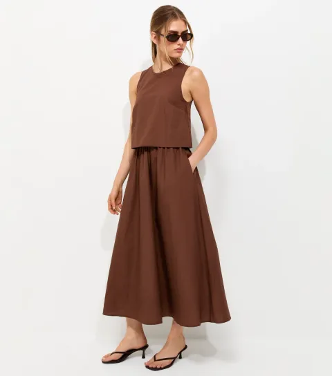 Dark Brown Cotton Layered 2-in-1 Sleeveless Midi Dress