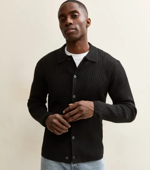 Black Regular Ribbed Polo Cardigan