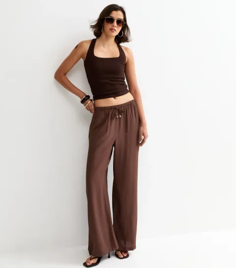 Dark Brown Crinkle Wide Leg Trousers