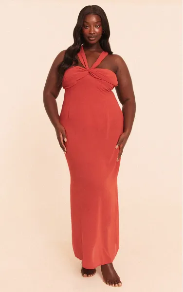 Plus Rust Ruched Chiffon Maxi Beach Dress