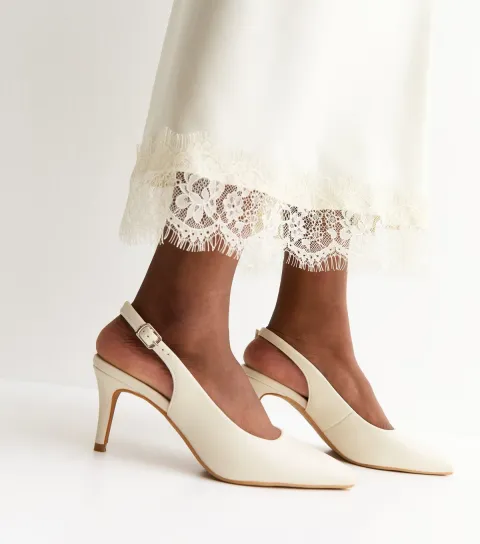 Off White Faux Leather Slingback Stiletto Court Shoes Vegan