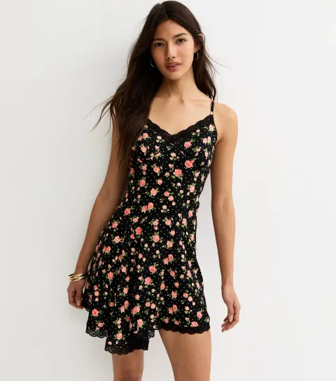 Black Rose Pattern Lace Trim Mini Dress