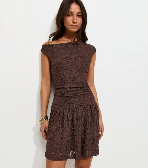 Dark Brown Lace Off The Shoulder Rara Mini Dress