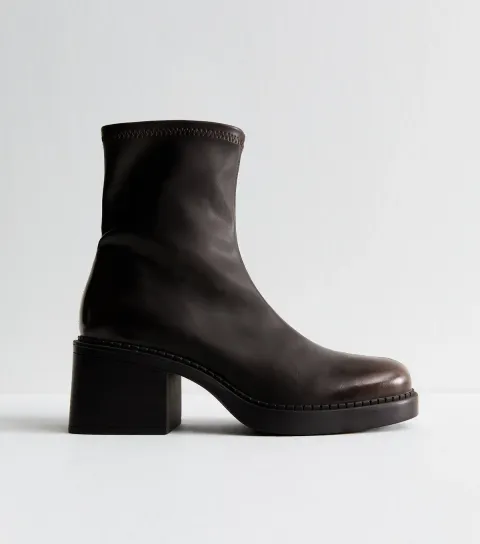 Brown Chunky Block Heel Ankle Boots Vegan