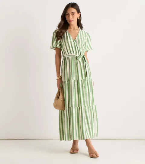 Light Green Striped Wrap Waist Belted Midi Dress
