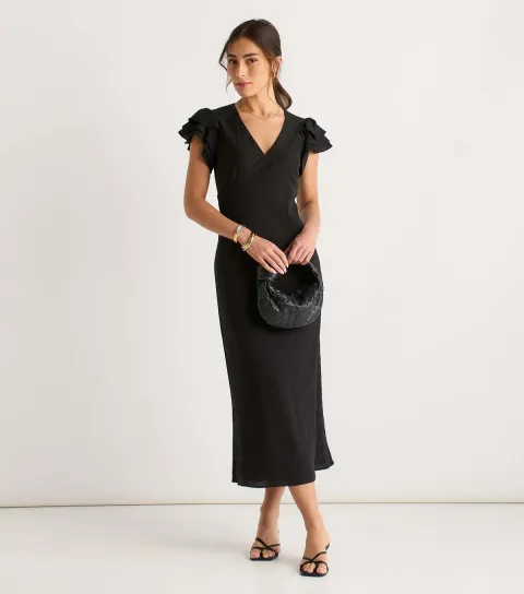 Black V Neck Ruffle Midi Dress