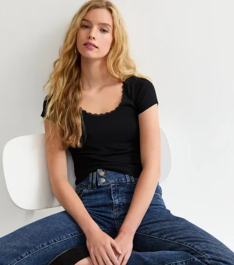 Black Lace Trim Scoop Neck T-Shirt