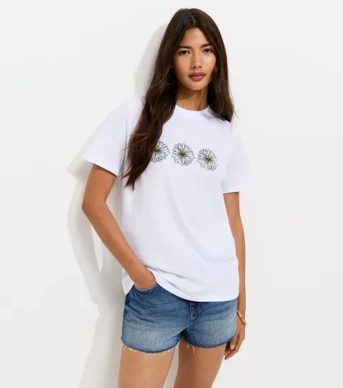 White Cotton Daisy Print Crew Neck T-Shirt