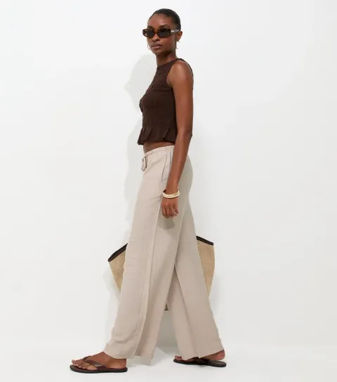 Stone Woven Drawstring Wide Leg Trousers