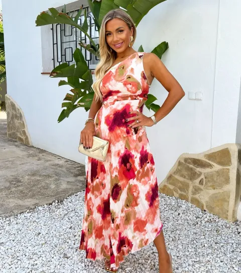 Multicoloured Floral Print Pleated One Shoulder Maxi Dress