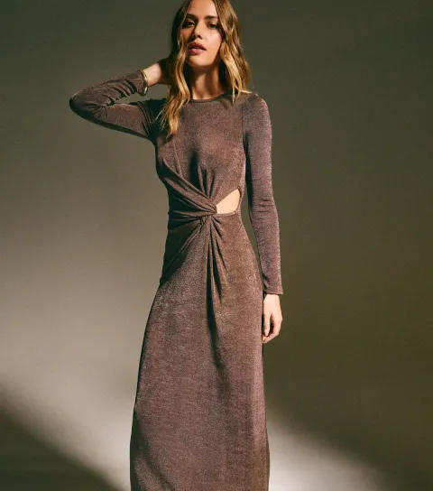 Dark Brown Side Knot Ruched Long Sleeve Midi Dress