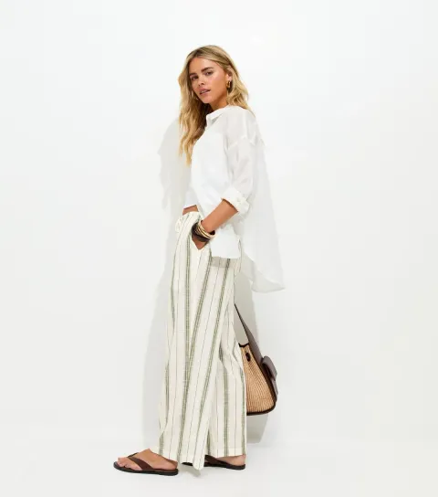 Petite Green Striped Woven Wide Leg Trousers