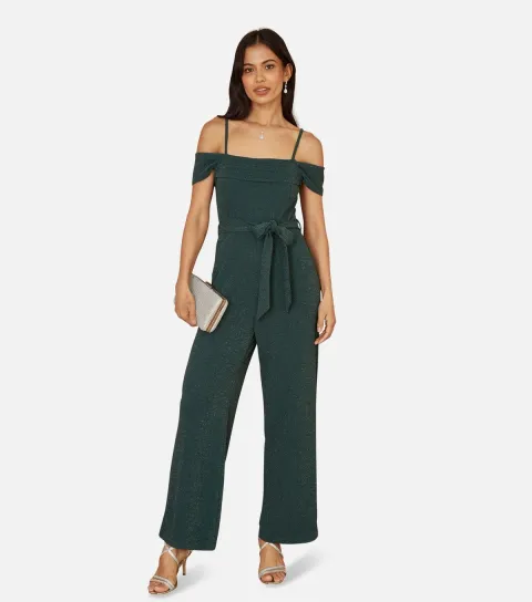 Green Metallic Detail Bardot Belted Wide Leg Jumpsuit