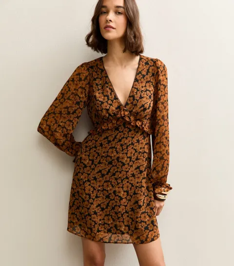 Brown Floral Long Sleeve Mini Dress