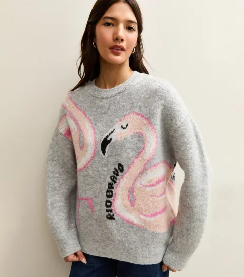 Light Grey Flamingo Slogan Midweight Knit Jumper