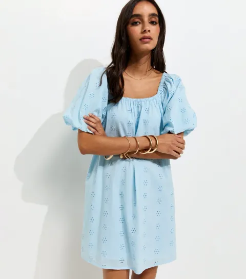 Light Blue Cotton Puff Sleeve Smock Mini Dress