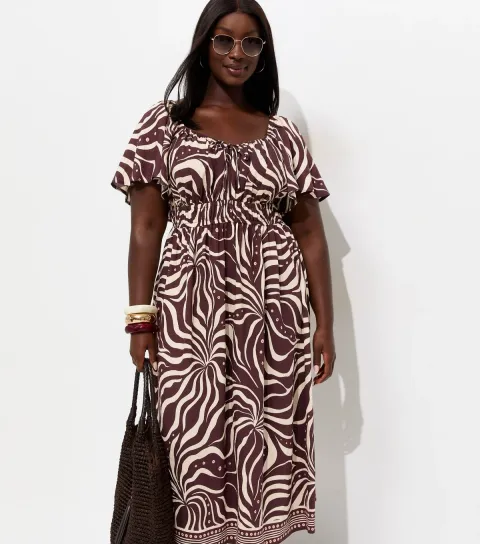 Plus Size Brown Printed Flutter Sleeve Milkmaid Midi Dress Curves