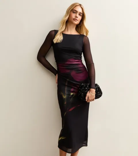 Black Flower Ruched Mesh Midi Dress