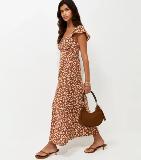 Brown Floral Square Neck Midi Dress