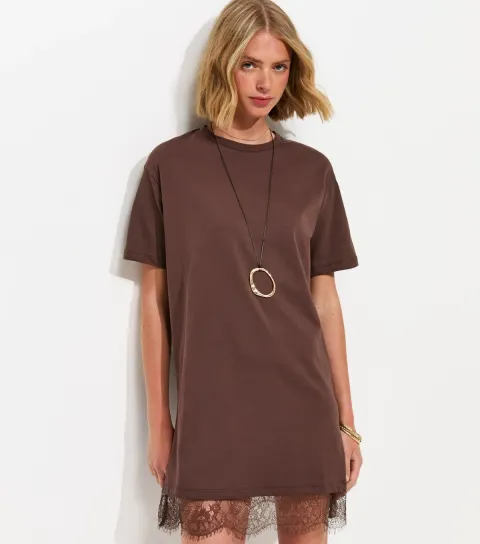 Dark Brown Lace Hem Trim Mini T-Shirt Dress