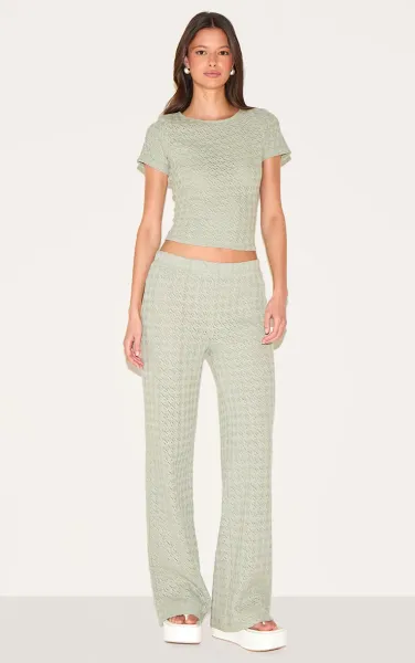 Sage Green Textured Straight Leg Trousers