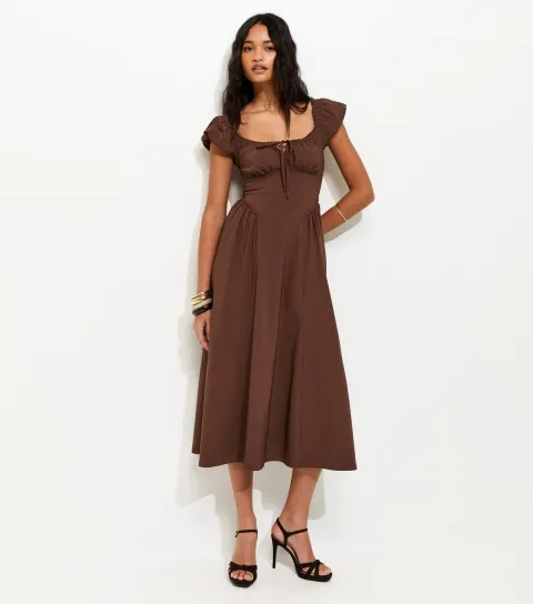 Dark Brown Lace Trim Milkmaid Midi Dress
