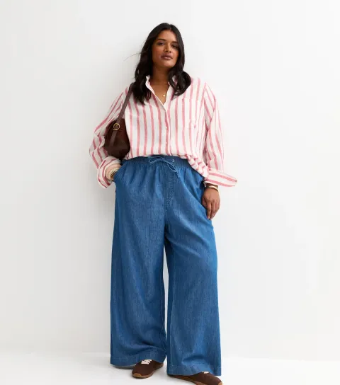 Plus Size Blue Denim Wide Leg Trousers Curves