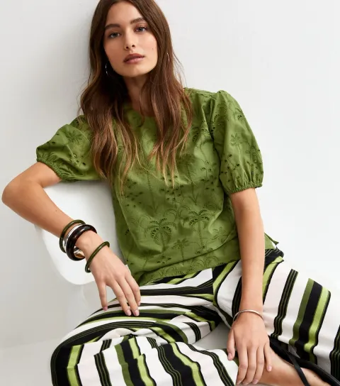 Dark Khaki Palm Cutwork Puff Blouse