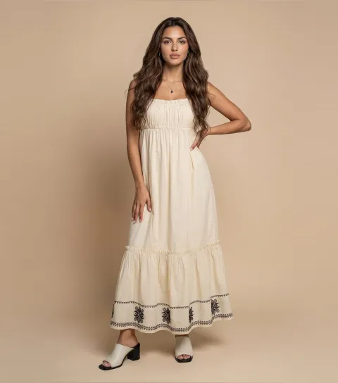 Cream Embroidered Hem Maxi Dress