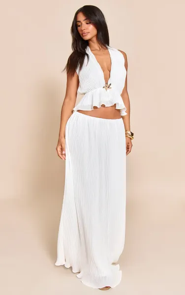 Petite White Plisse Fitted Waist Maxi Skirt