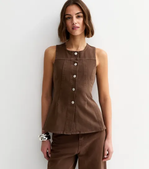 Brown Denim Panelled Longline Peplum Waistcoat