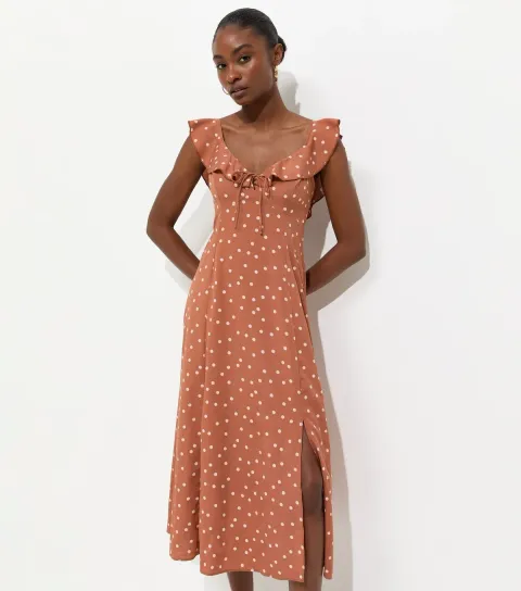 Brown Spotty Ruffle Strap Midi Dress