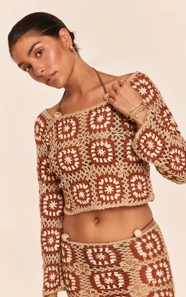 Petite Stone Crochet Knit Long Sleeve Top