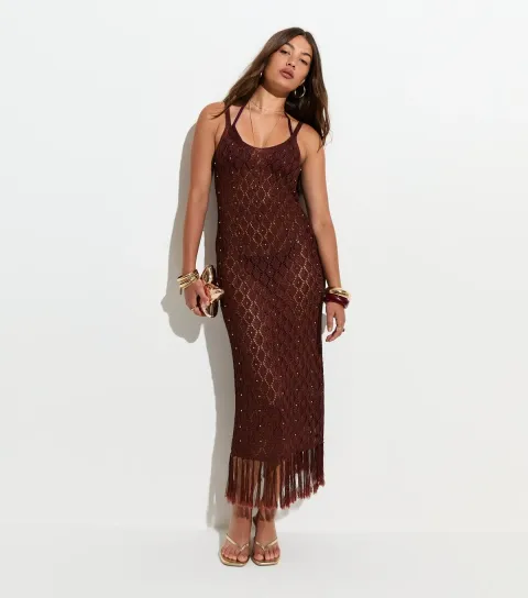 Brown Bead Crochet Tassle Maxi Beach Dress