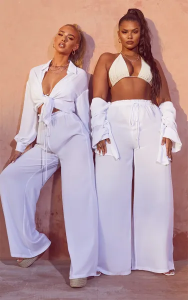 Plus White Tie Waist Beach Trousers