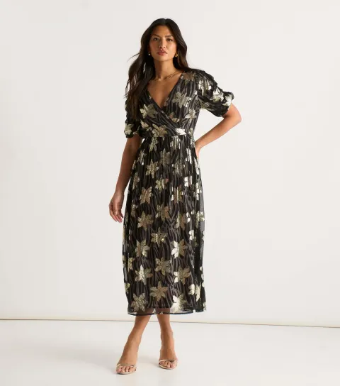 Black Metallic Flower Wrap Midi Dress