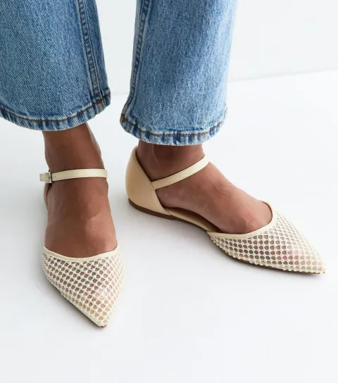 Cream Beaded Mesh Pointed Toe Flats Vegan