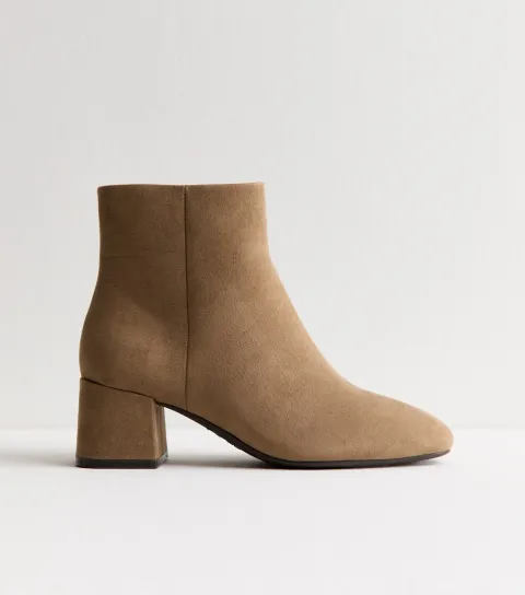 Wide Fit Camel Faux Suede Block Heel Ankle Boots Vegan