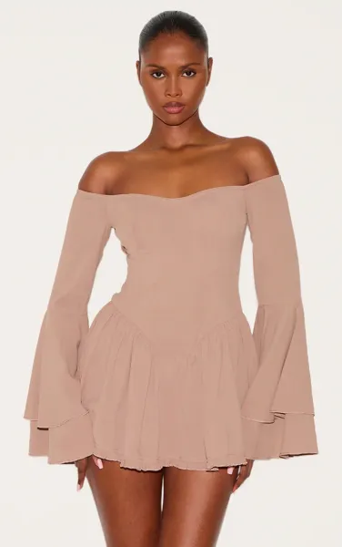 Taupe Bardot Flare Sleeve Playsuit