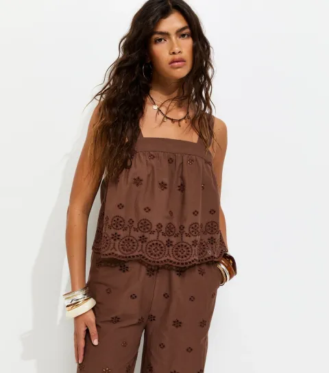 Dark Brown Cotton Broderie Embroidered Scalloped Hem Cami Top