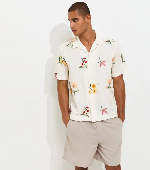 White Floral Embroidered Short Sleeve Shirt