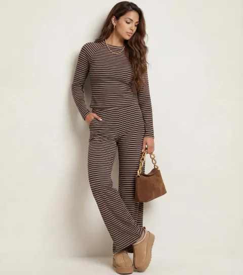 Brown Striped Jersey Wide Leg Trousers