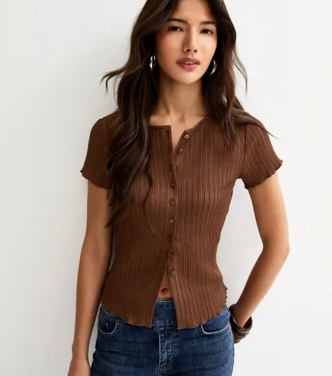 Dark Brown Ribbed Texture Button Front T-Shirt