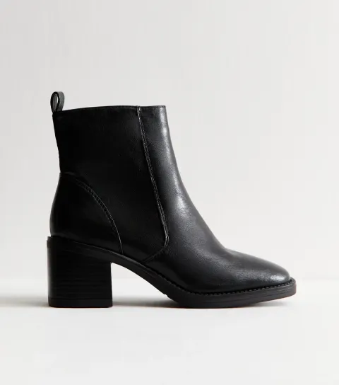 Black Faux Leather Block Heel Ankle Boots Vegan