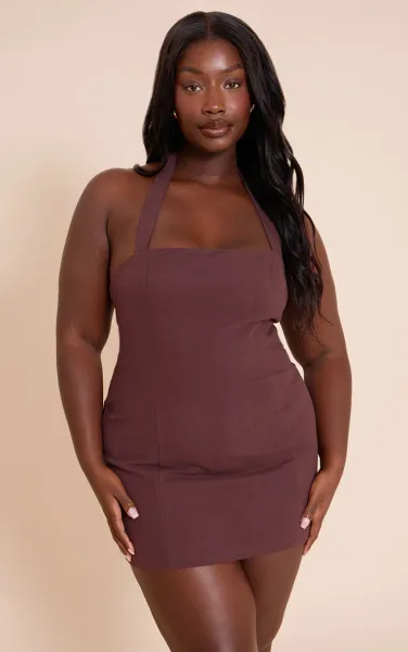 Plus Chocolate Premium Linen Halterneck Mini Dress