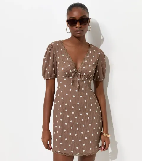 Brown Polka Dot Lace Trim Mini Dress