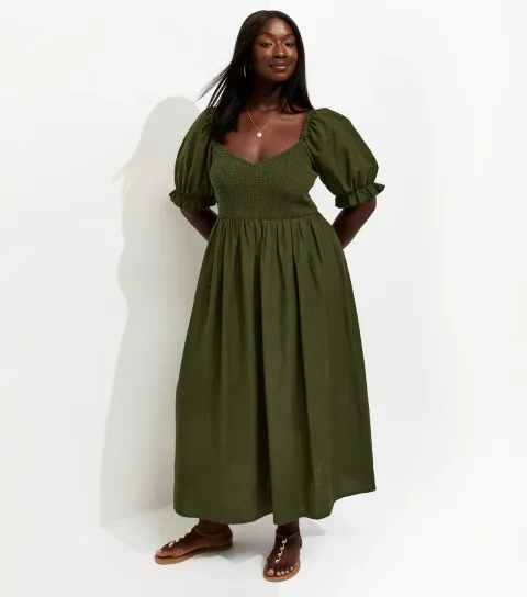 Plus Size Dark Khaki Cotton Blend Shirred Bodice Puff Sleeve Midi Dress Curves