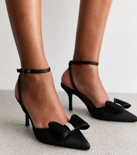 Black Satin Bow Embellished Stiletto Heels Vegan