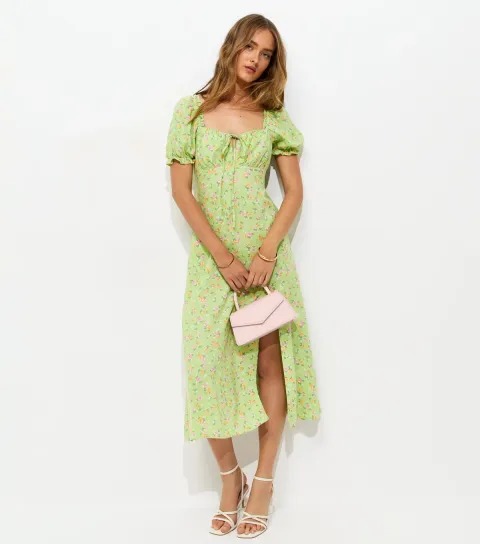 Green Floral Print Slit Hem Midi Dress