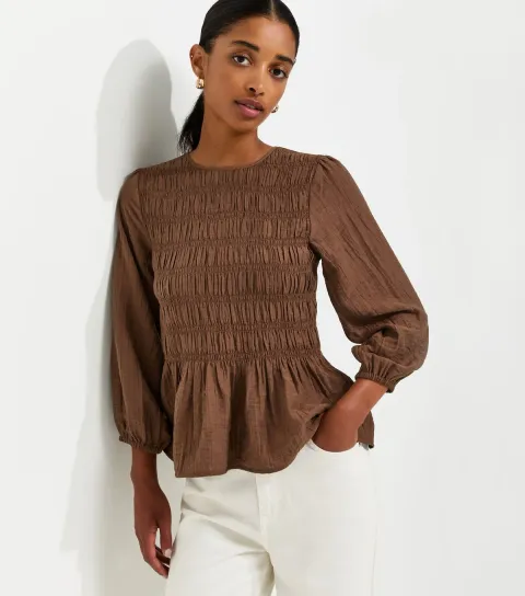 Dark Brown Shirred Long Sleeve Blouse